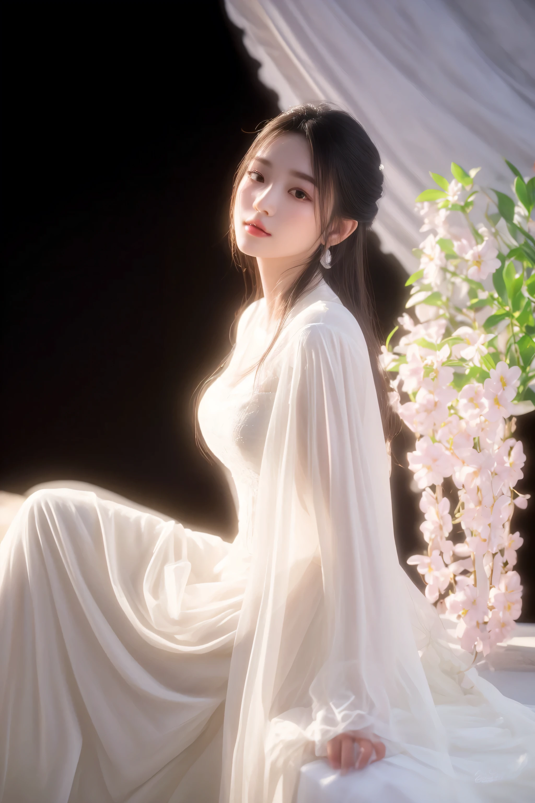 there is a woman sitting on a window sill with a white dress, soft ethereal lighting, ethereal beauty, with ethereal light, ethereal lighting - h 0, ethereal and dreamy, a stunning young ethereal figure, ethereal glow, very ethereal, dreamy and ethereal, ethereal back light, ethereal light, white hanfu, ethereal!!!!!!!, ethereal!!!, by Leng Mei