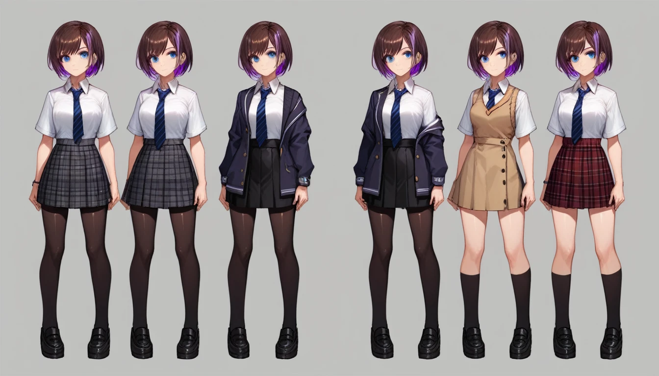 Solo, score_9,score_8_up,score_7_up, source_girl, school girl, teenage female, brown hair, wearing black bike shorts, black spandex shorts, 1.3, necktie, wearing school clothes, school outfit, standing, solo, full body, blue eyes, , plaid skirt, black spandex shorts, (short hair), character design, paper doll sheet, (purple highlights), brown hair,