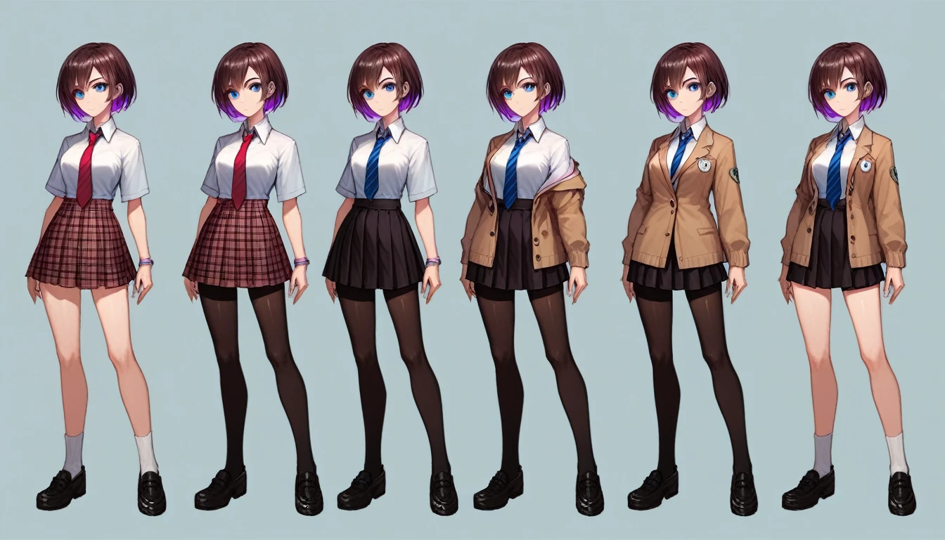 Solo, score_9,score_8_up,score_7_up, source_girl, school girl, teenage female, brown hair, wearing black bike shorts, black spandex shorts, 1.3, necktie, wearing school clothes, school outfit, standing, solo, full body, blue eyes, , plaid skirt, black spandex shorts, (short hair), character design, paper doll sheet, (purple highlights), brown hair,