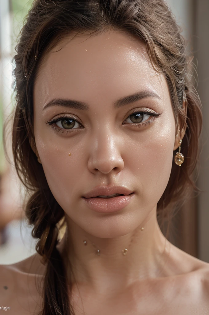 (lifelike, high quality: 1.3), best quality masterpiece, photorealistic, hyperrealistic, highres, high resolution, detailed, 8k, HDR, (Soft color: 1.2), shallow depth of field, broad light, high contrast, backlighting, bloom, good lighting quality, light sparkles, chromatic aberration, sharp focus, RAW color photo, fine skin, ((detailed facial features)), complex: 1.2, (finely detailed skin, realistic skin texture, extreme skin details, (pores:0.1), yellow-colored skin, full lips like Angelina Jolie, brown eyes like megan fox as a thai woman, straight slim nose, beautiful, 21 years old gorgeous woman, half Thai woman, high cheekbones