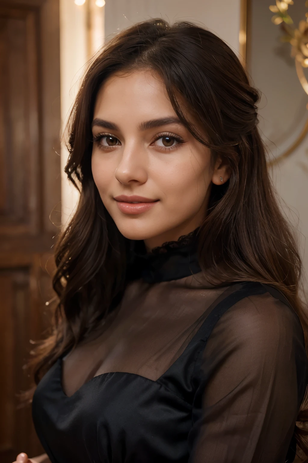 In 8K UHD, capture an exquisite image of Giullia Buscacio Vieira, a woman with a medium-toned skin, who exudes elegance in every aspect. Her long, dark brown, extra-layered hair cascades down with curved bangs, accentuating her delicate smile. The graphic liner around her eyes contrasts beautifully with the caramel shadow, and a subtle hint of blush adds to her natural beauty. Her lips are glossed with a deep shade of labial batom, enhancing the captivating essence of her smile.

She is stylishly dressed in an elegant black dress with long sleeves, complemented by black