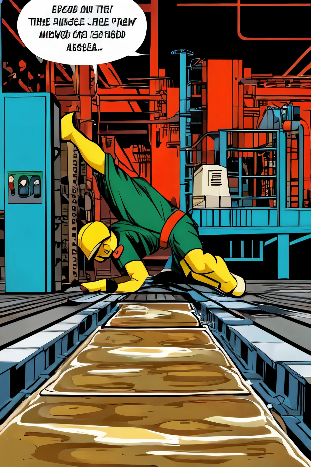 worker slips into a puddle of oil on the factory floor. comic book style