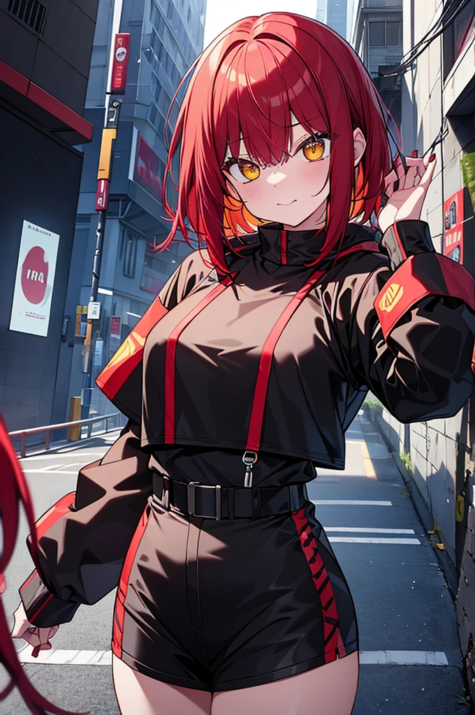 　Red Hair　Yellow Eyes　Bob　外はねBob　Confused eyes　Bob　Red Hair　Thick, vibrant red hair　Bob　female性　female　Cyberpunk Costume　Yellow costume　黄色いCyberpunk Costume　Dynamic pose　battle　electricity　Bobヘア electricityを操る　外跳ねBob