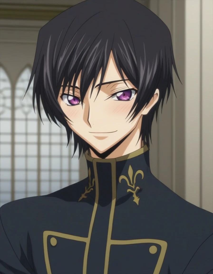 score_9, score_8_up, score_7_up, source_anime, rating_safe, intricate details, anime screencap, , , looking at viewer, depth of field, 1boy, solo, male focus, lelouch_lamperouge, black hair, purple eyes, bangs, smile, blush, cute, black suit costume, Paris, castle, room, night.