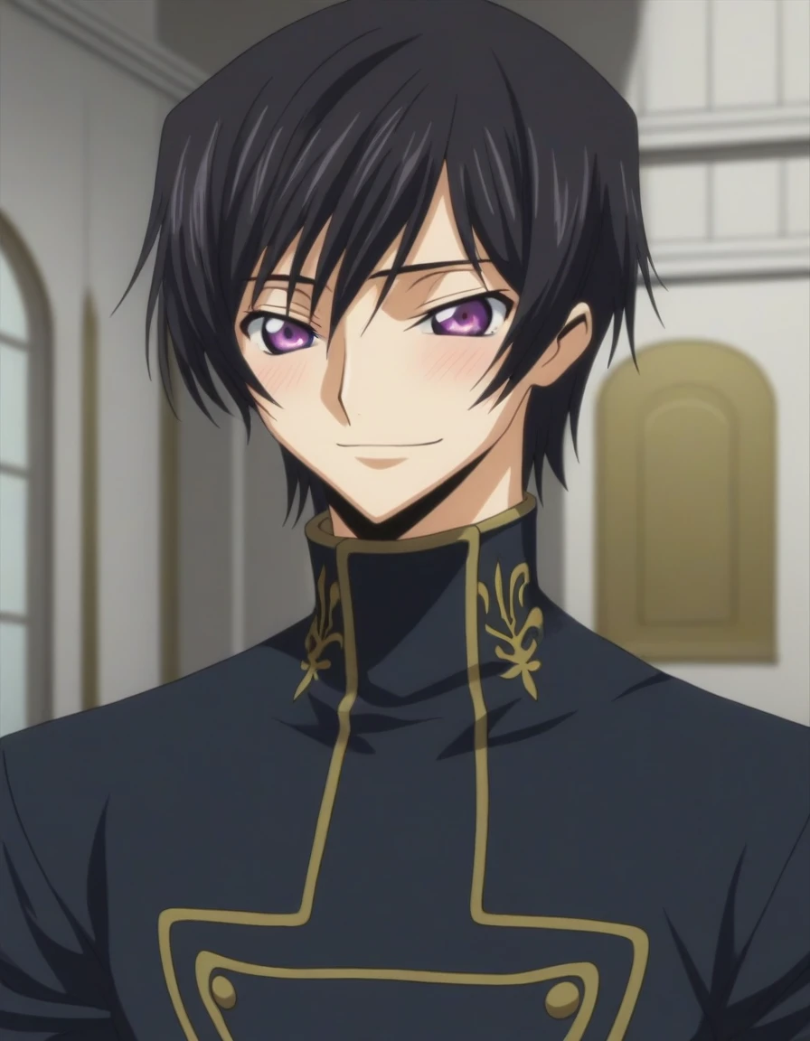 score_9, score_8_up, score_7_up, source_anime, rating_safe, intricate details, anime screencap, , , looking at viewer, depth of field, 1boy, solo, male focus, lelouch_lamperouge, black hair, purple eyes, bangs, smile, blush, cute, black suit costume, Paris, castle, room, night.