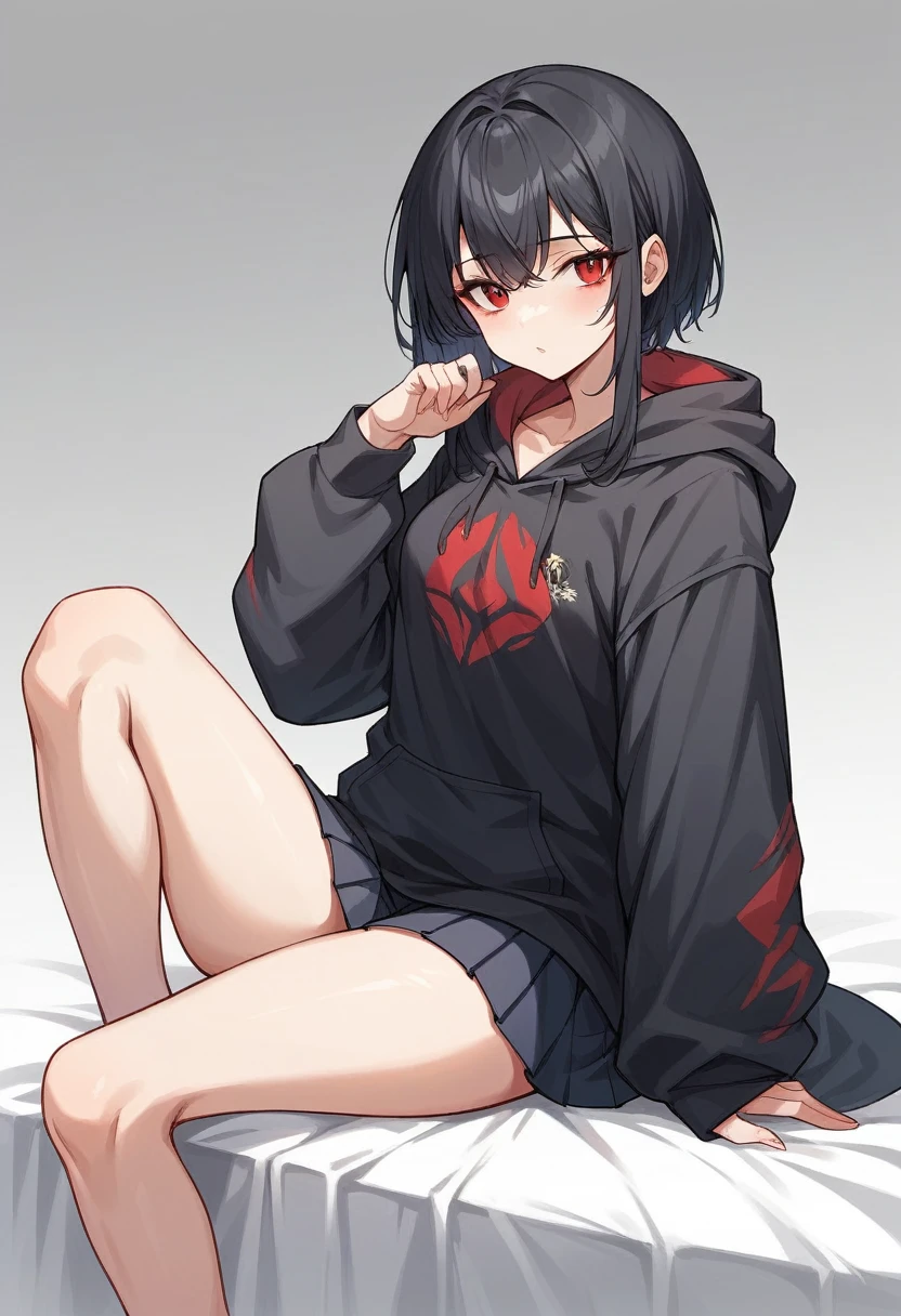 A girl with long black hair is sitting on the bed He is wearing a long coat over a plain black hoodie with a hood Red eyes She is wearing a black pleated skirt tall With bangs Beautiful face Thin legs Smooth, long, straight hair Long and narrow face With waistline A little bit of cleavage is visible Keeping your left hand in your pocket Anime Style hair longer than shoulders Crossing your legs