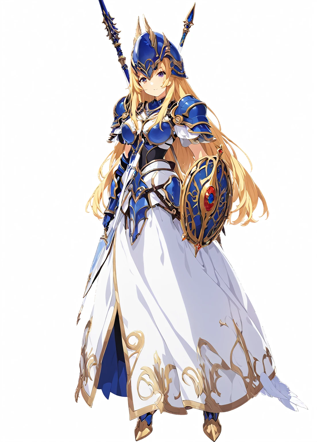 high quality, high resolution, high qualityのゲームアートスタイル, whole body,Valkyrie,perfect hand,Official Art, Smooth game CG art, Visual Novel Sprites, White background,Smooth game CG art, (((Woman with a long spear))),Woman wearing a white dress and blue armor, An intricately designed helmet with white feathers,Small shield, (((In his right hand he holds an elaborate long spear))),Exquisite Blue Armor,Golden Hair, long hair, female knight, Rin々Shii,Large Bust,20-year-old,