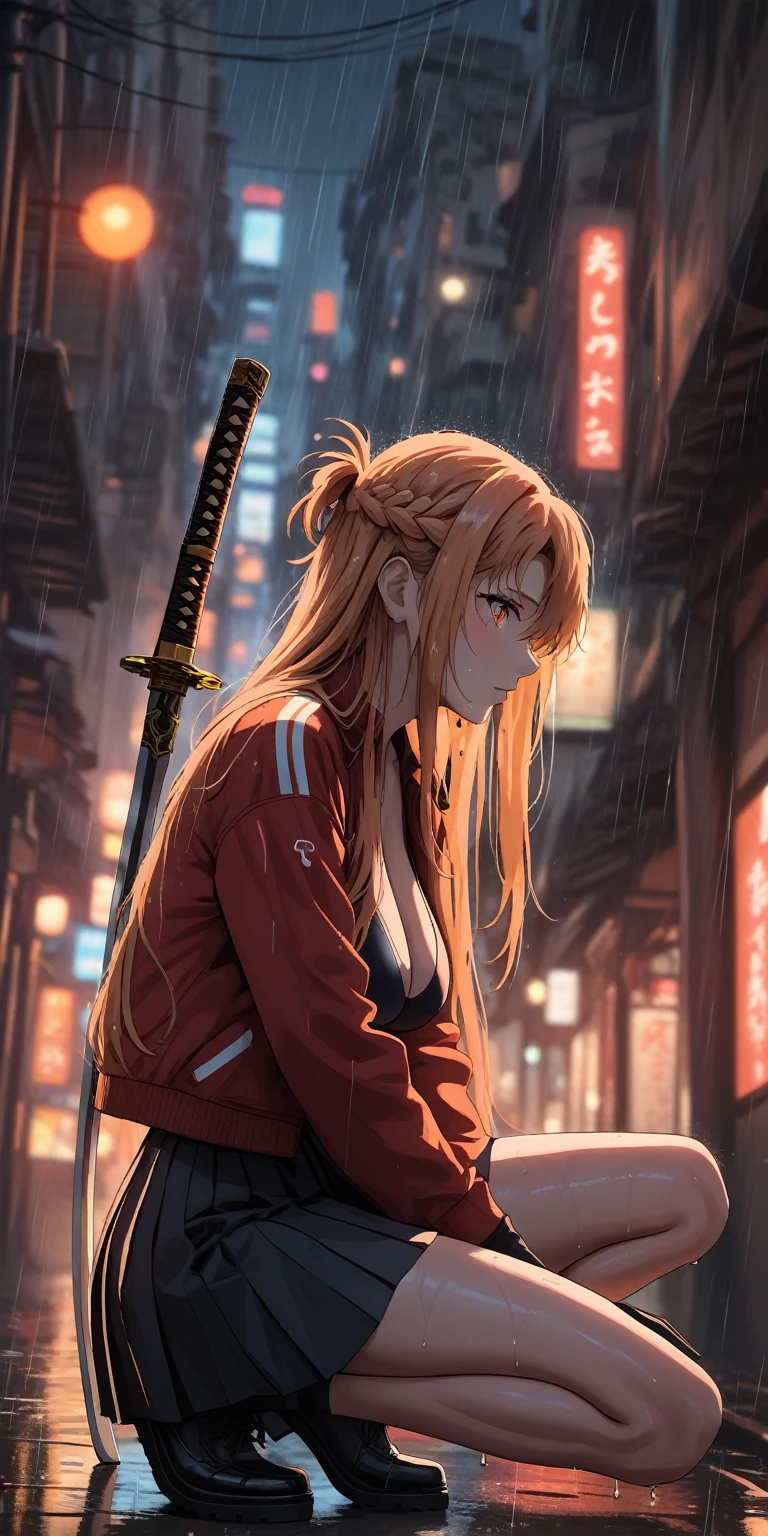 (harayutaka art style:0.7), score_9, score_8_up, score_7_up, score_6_up, score_5_up, score_4_up, uncensored, asuna yuuki, long hair, orange hair, fold, orange eyes, BREAK (masterpiece:1.2), best quality, high resolution, (detailed eyes:1.3), perfect lighting, (perfect hands, perfect anatomy), large breasts, sagging breasts, 1girl, solo, sword, skirt, jacket, pleated skirt, blurry, katana, blurry background, from side, gloves, squatting, outdoors, black gloves, shoes, black footwear, long sleeves, rain, weapon on back, black skirt, profile, depth of field, full body, sheath, between legs, bare legs, bokeh, cyberpunk city, neon light, heavy rain, water drop, wet, looking at viewer, wet hair, stray hair,