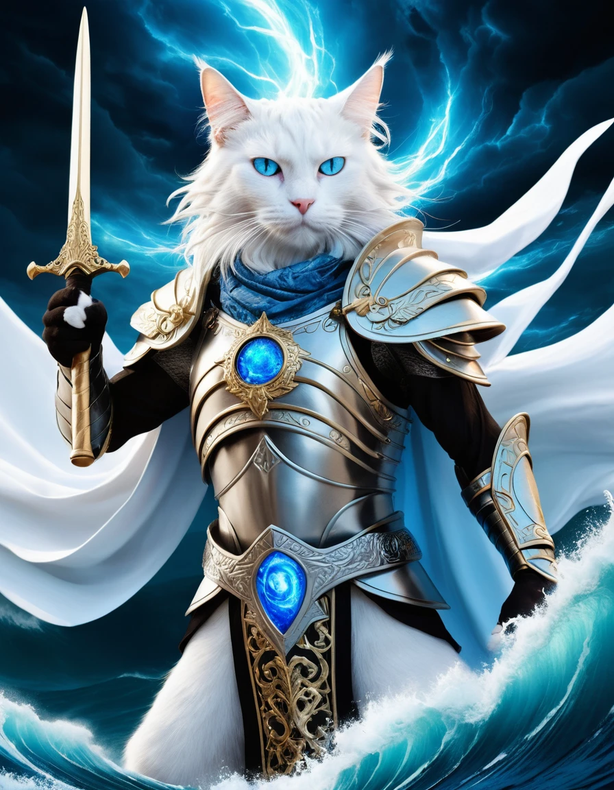 A white cat with striking blue eyes is depicted as the god of wind. Dressed in luxurious armor, he powerfully wields a large cloth, summoning a raging storm. The background showcases tumultuous waves, capturing the intensity and strength of the tempest. The scene blends whimsical, fairy-tale elements with epic, mythological grandeur, featuring intricate details and a majestic atmosphere.