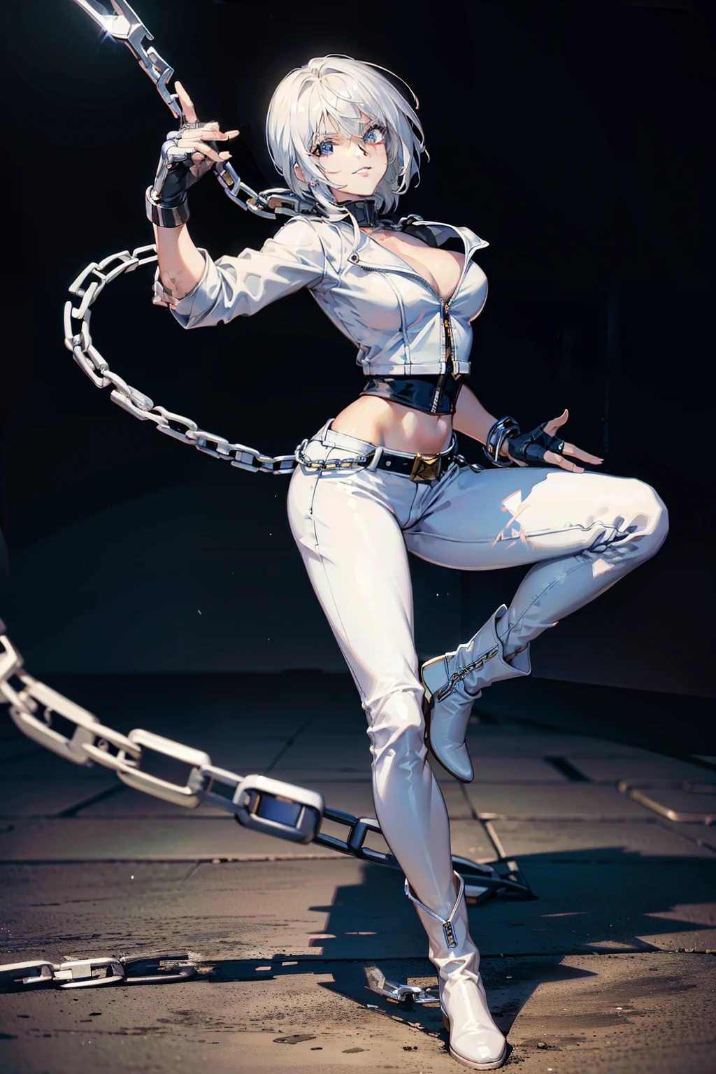 (masterpiece), best quality, silver eyes, perfect face, highres, 1girl, solo, angelms, white hair, white jacket, jeans, fingerless gloves, atacking pose, dancing around chains, evil smile, long boots, fanstasy background, cowboy shot, fullbody shot, looking at the viewer, from front, holding chains, long chain  whip