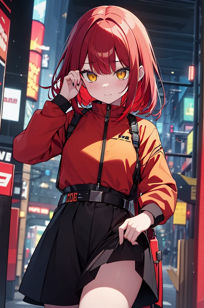 　Red Hair　Yellow Eyes　Bob　外はねBob　Confused eyes　Bob　Red Hair　Thick, vibrant red hair　Bob　female性　female　Cyberpunk Costume　Yellow costume　黄色いCyberpunk Costume　Dynamic pose　battle　electricity　Bobヘア electricityを操る　外跳ねBob　goggles　Yellow Cyberpunk