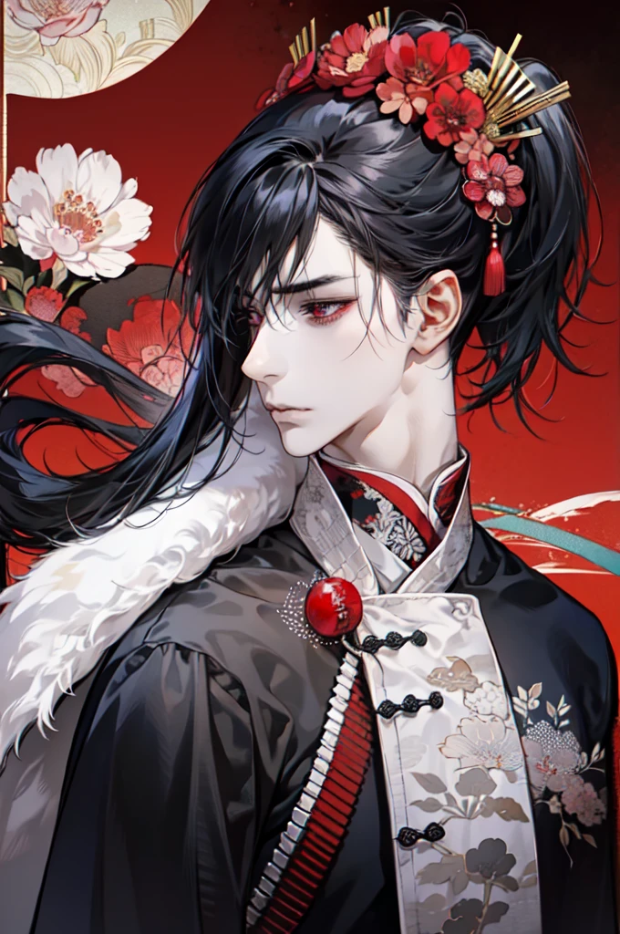 male, man, handsome, japanese, samurai, kimono, red and black, bright red eyes, long black hair in ponytail, red black designed mask covering nose and mouth, earrings dangling, sharp almond eyes, serious, tall, baggy pants, long boots, black and red theme