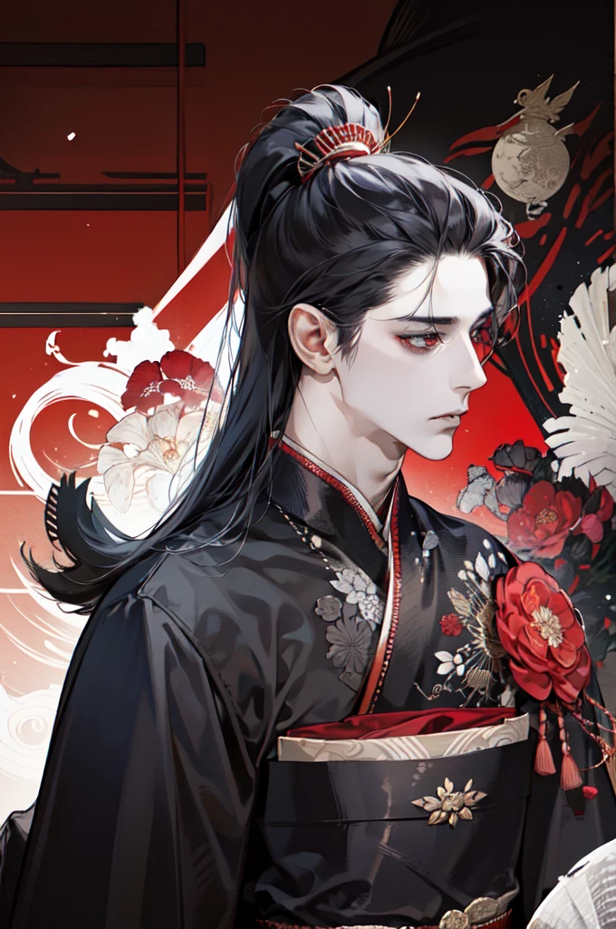 male, man, handsome, japanese, samurai, kimono, red and black, bright red eyes, long black hair in ponytail, red black designed mask covering nose and mouth, earrings dangling, sharp almond eyes, serious, tall, baggy pants, long boots, black and red theme