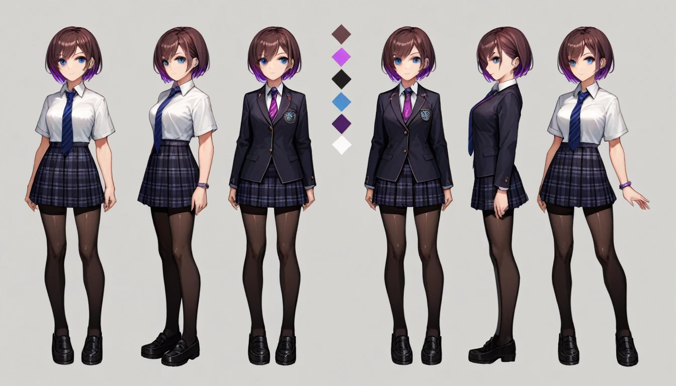 Solo, score_9,score_8_up,score_7_up, source_girl, school girl, teenage female, brown hair, wearing black bike shorts, black spandex shorts, 1.3, necktie, wearing school clothes, school outfit, standing, solo, full body, blue eyes, , plaid skirt, black spandex shorts, (short hair), character design, paper doll sheet, (purple highlights), brown hair,