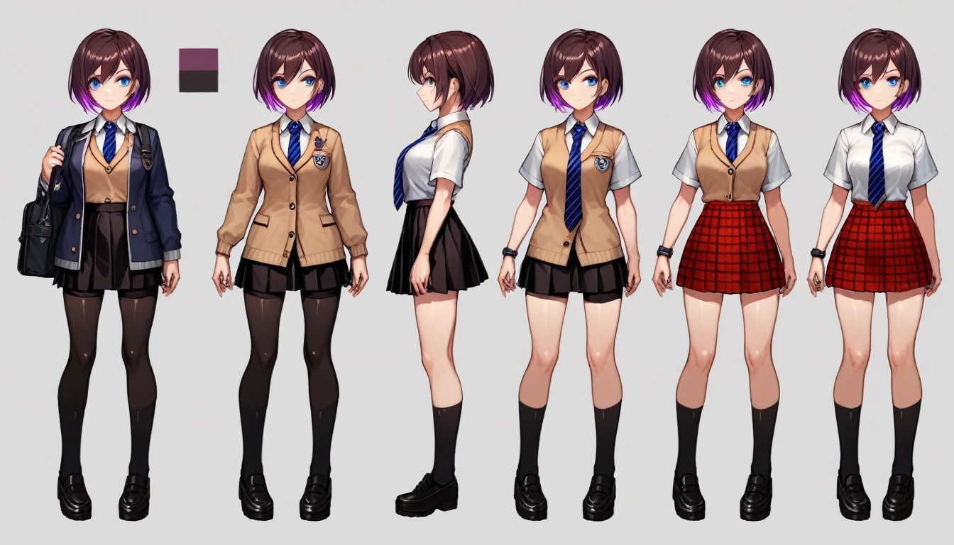 Solo, score_9,score_8_up,score_7_up, source_girl, school girl, teenage female, brown hair, wearing black bike shorts, black spandex shorts, 1.3, necktie, wearing school clothes, school outfit, standing, solo, full body, blue eyes, , plaid skirt, black spandex shorts, (short hair), character design, paper doll sheet, (purple highlights), brown hair,