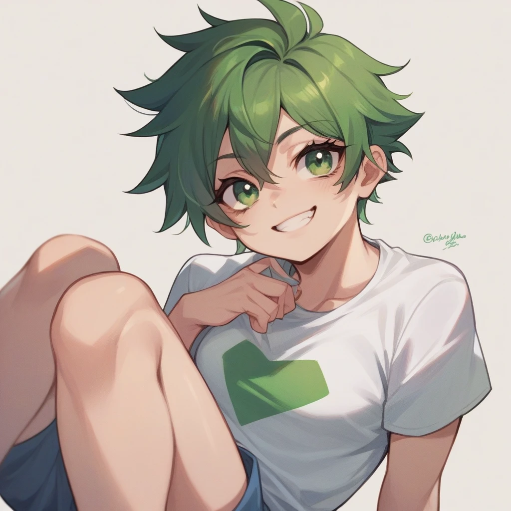 One girl who looks like a tomboy, Green hair and green eyes, Short shirt, Shorts, A cheerful girl with a cute smile,It's dynamic、whole body、The background is the summer sky、Jumping