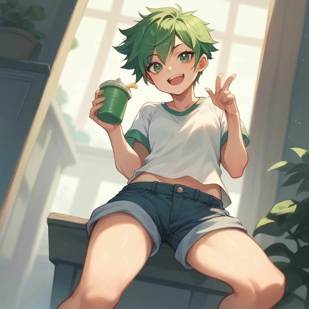 One girl who looks like a tomboy, Green hair and green eyes, Short shirt, Shorts, A cheerful girl with a cute smile,It's dynamic、whole body、The background is the summer sky、Jumping