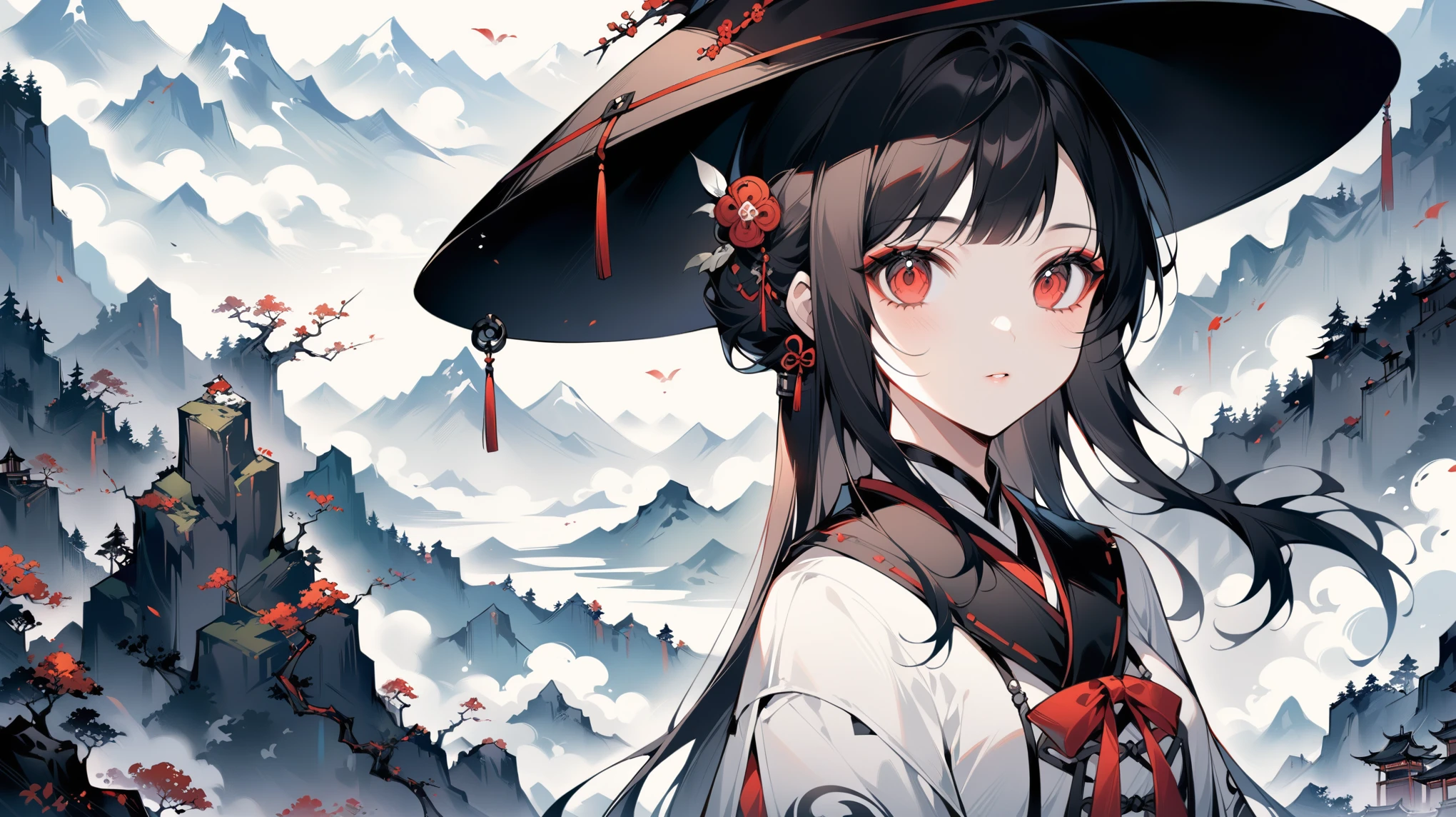 anime girl with a hat on her head standing in front of a mountain, beautiful character painting, artwork in the style of guweiz, guweiz, inspired by Chen Yifei, inspired by Li Mei-shu, wuxia, beautiful avatar pictures, by Yang J, inspired by Wu Bin, inspired by Zhang Yan, inspired by Cao Zhibai