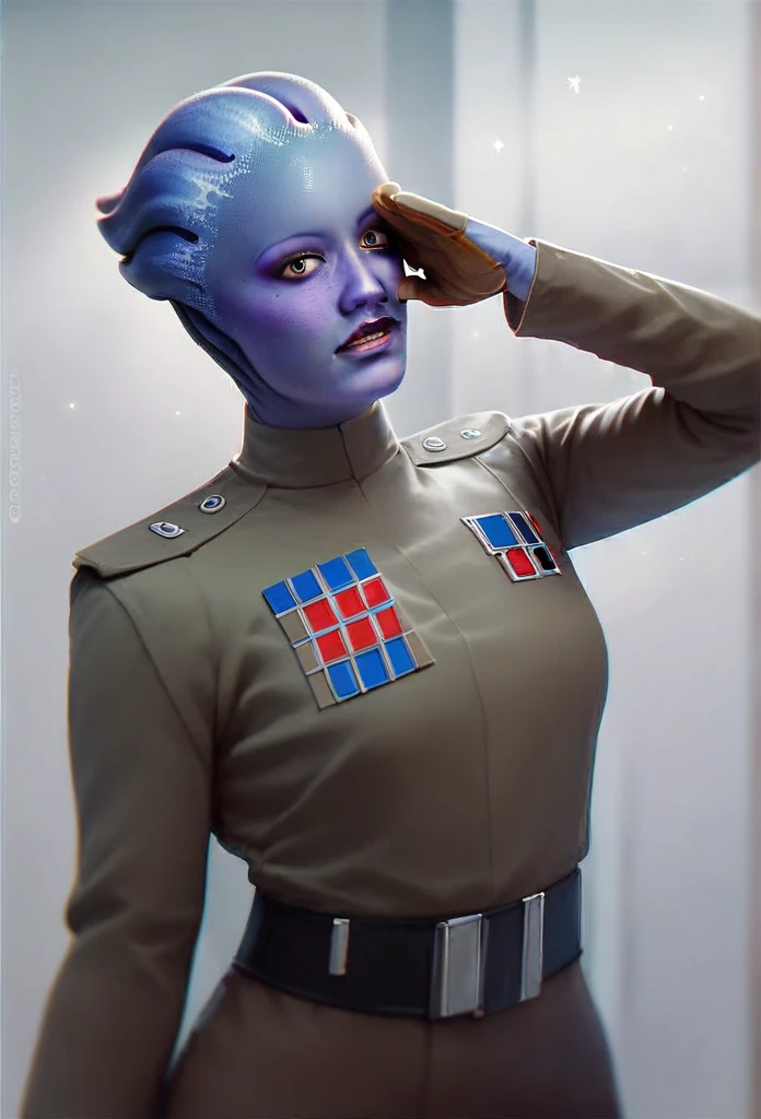 1girl, asari woman, pale blue skin, all black Imperial officer uniform, (saluting:1.5), best quality, masterpiece, star wars theme