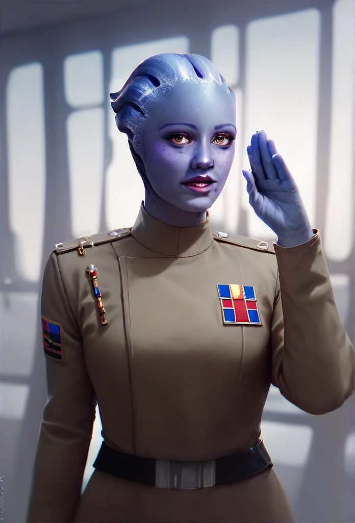 1girl, asari woman, pale blue skin, all black Imperial officer uniform, (saluting:1.5), best quality, masterpiece, star wars theme