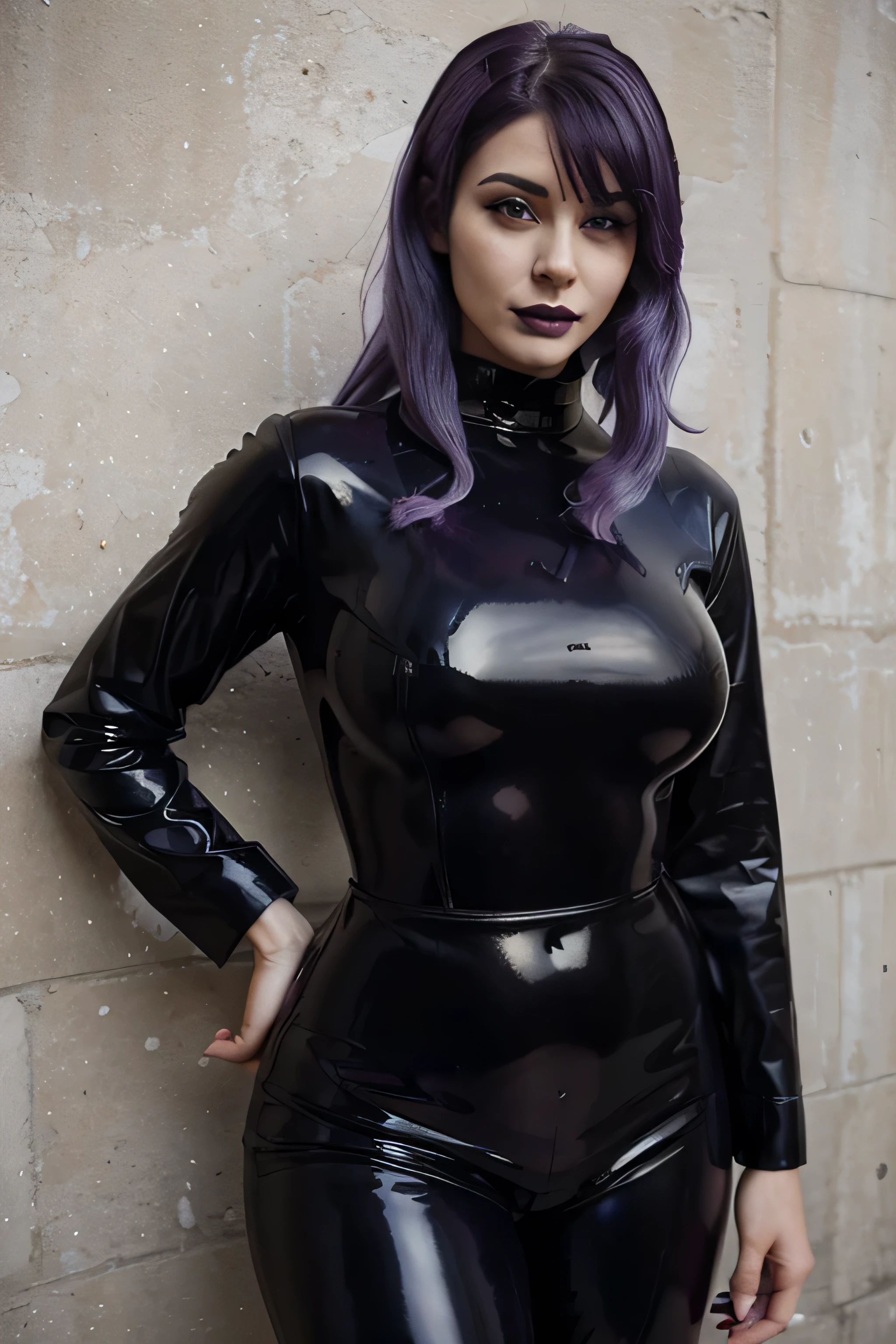 Girl 29 years old with purple hair with black lipstick in a latex suit