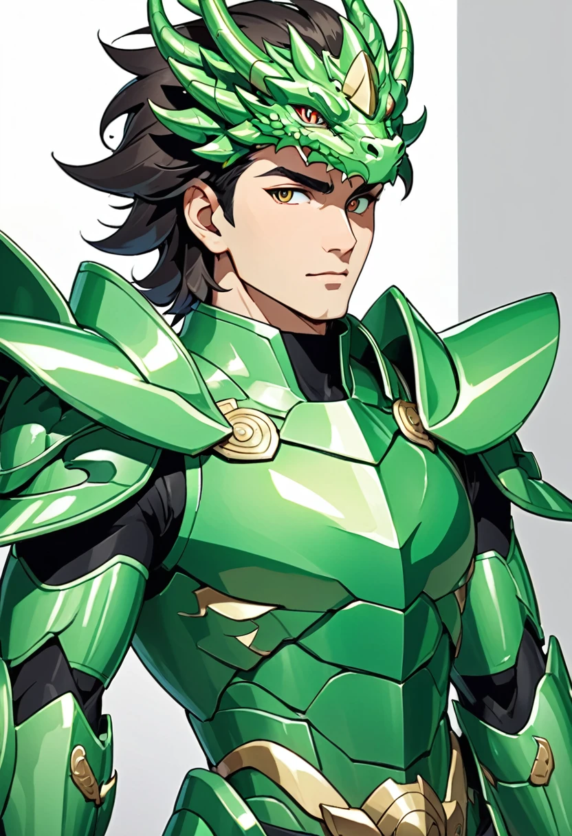 A man with a green metallic machine body, Cel animation style, The protector is designed with a dragon head shaped decoration., I can see your real face, Super beautiful image quality, Professional painter, Highest quality