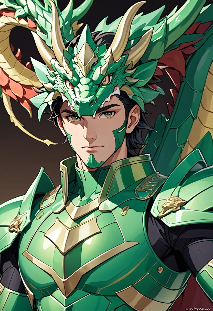 A man with a green metallic machine body, Cel animation style, The protector is designed with a dragon head shaped decoration., I can see your real face, Super beautiful image quality, Professional painter, Highest quality