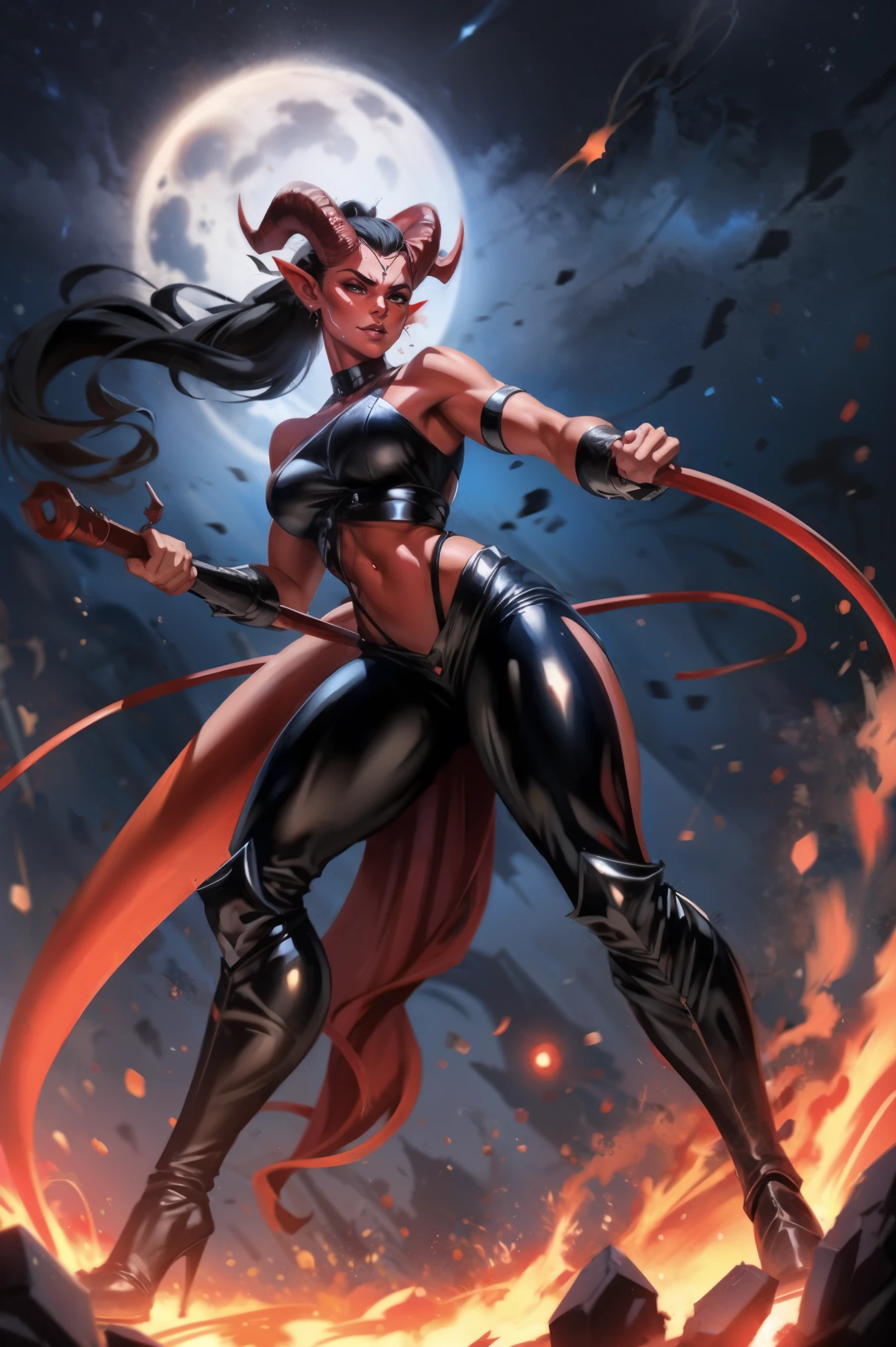 Red skin succubus tiefling, medium breasts, black horns, huge tail, black leather, crop top, long flowing pelvic curtain, tall, toned, graceful, thin, long black ponytail. Action scene, whip. Dark scene, explosions, night sky.