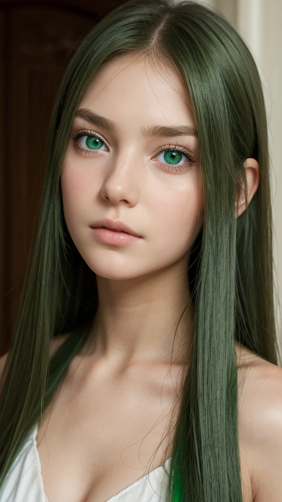 a girl. face sent feeling. Europe. Oval face. long face. delicate facial features. sad eyes. drooping hair. green eyes. long straight hair. green hair