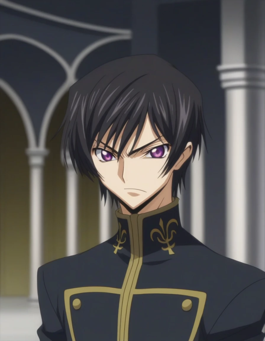 score_9, score_8_up, score_7_up, source_anime, rating_safe, intricate details, anime screencap, , , looking at viewer, depth of field, 1boy, solo, male focus, lelouch_lamperouge, black hair, purple eyes, bangs, angry, cute, black suit costume, Paris, castle, room, night.