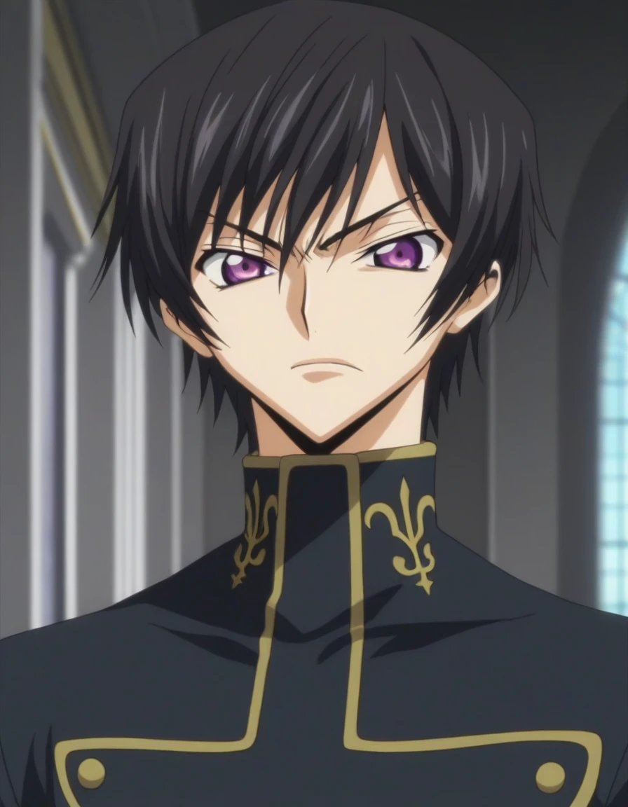 score_9, score_8_up, score_7_up, source_anime, rating_safe, intricate details, anime screencap, , , looking at viewer, depth of field, 1boy, solo, male focus, lelouch_lamperouge, black hair, purple eyes, bangs, angry, cute, black suit costume, Paris, castle, room, night.