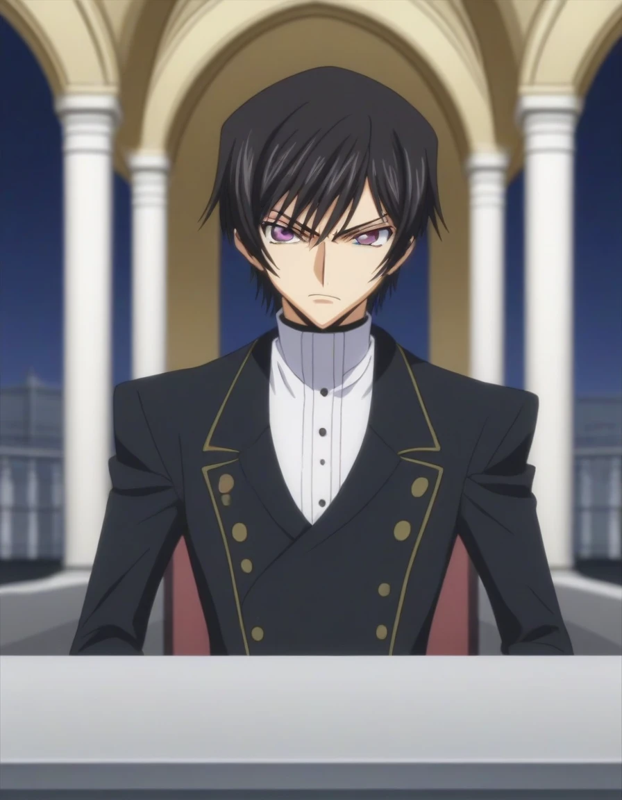 score_9, score_8_up, score_7_up, source_anime, rating_safe, intricate details, anime screencap, , , looking at viewer, depth of field, 1boy, solo, male focus, lelouch_lamperouge, black hair, purple eyes, bangs, angry, cute, black suit costume, Paris, castle, room, night.