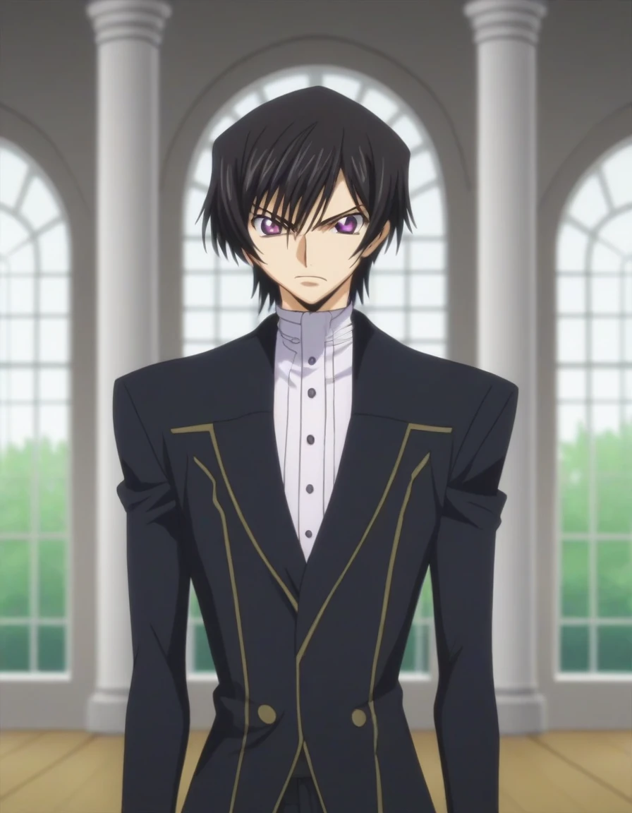 score_9, score_8_up, score_7_up, source_anime, rating_safe, intricate details, anime screencap, , , looking at viewer, depth of field, 1boy, solo, male focus, lelouch_lamperouge, black hair, purple eyes, bangs, angry, cute, black suit costume, Paris, castle, room, night.