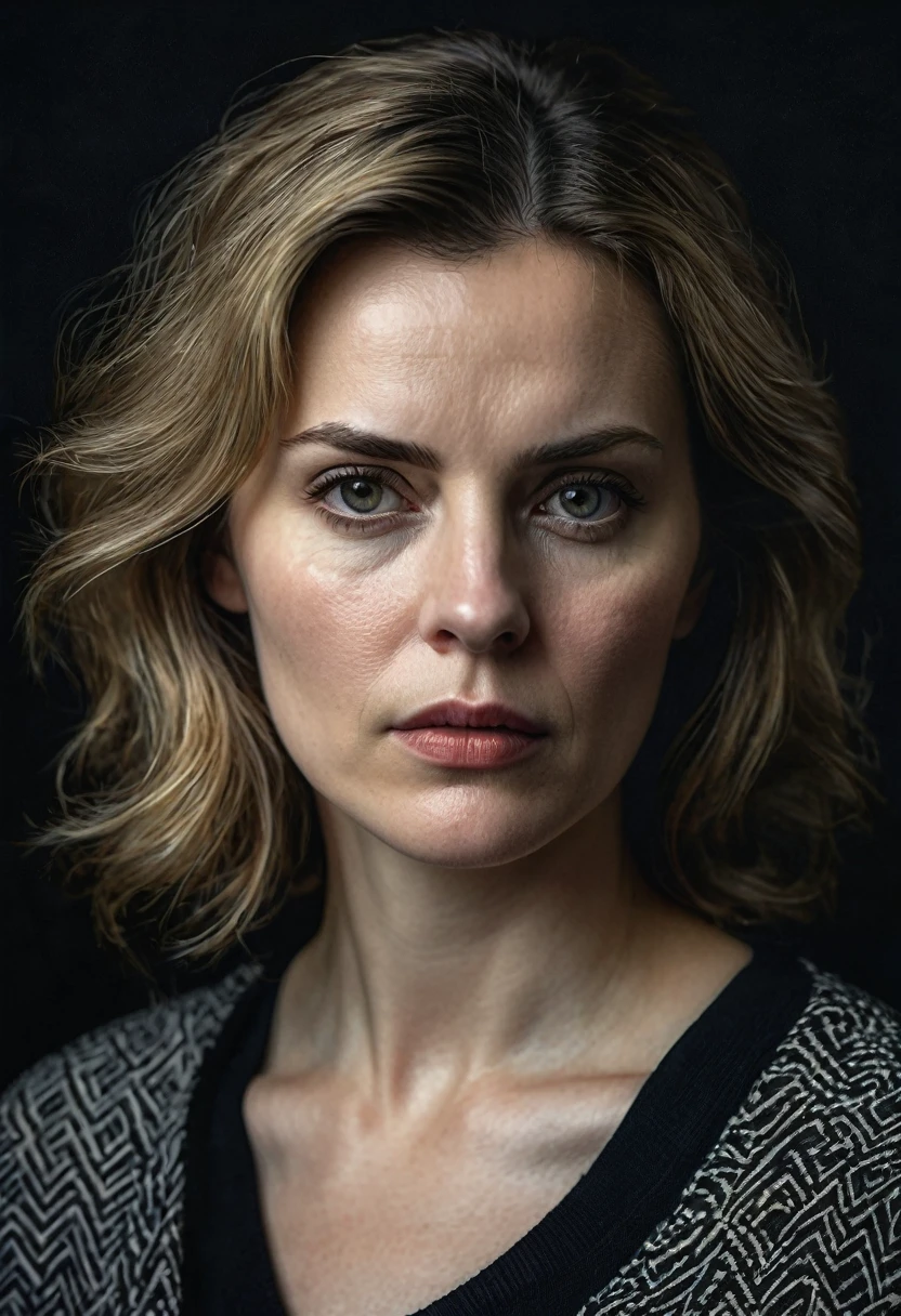 Portrait of very serious white woman with dark background, hyper realistic image