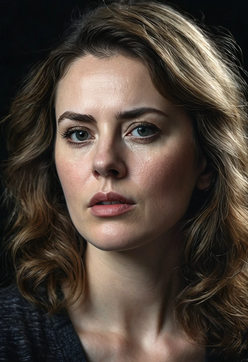 Portrait of very serious white woman with dark background, hyper realistic image
