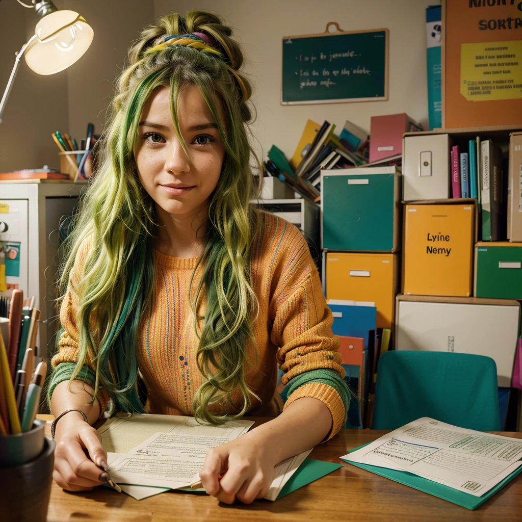 a cartoon girl with long wavy green hair, messy bun, tired expression, wearing a colorful sweater, sitting at a desk cluttered with papers, resisting working overtime, manic but humorous relaxed atmosphere, bright colors, dynamic lighting, high detail, 4k, vibrant, digital illustration