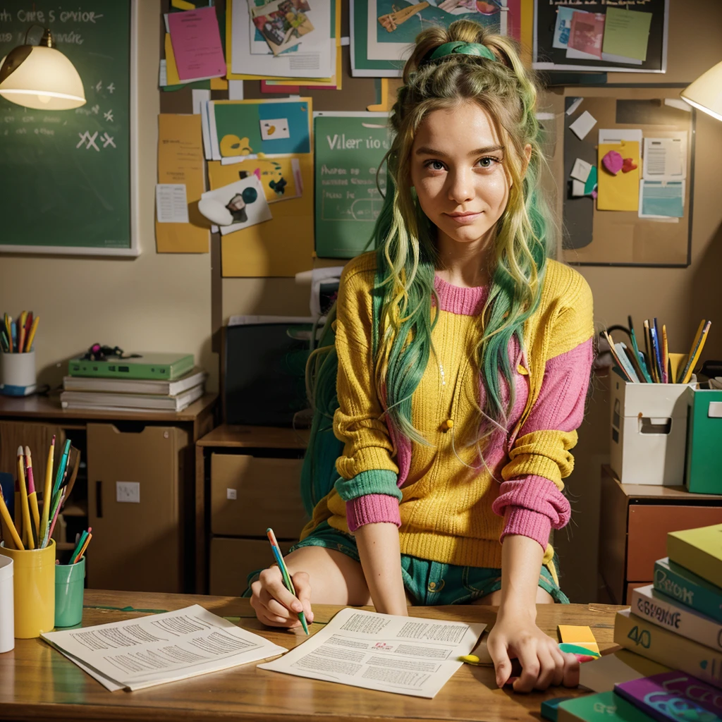 a cartoon girl with long wavy green hair, messy bun, tired expression, wearing a colorful sweater, sitting at a desk cluttered with papers, resisting working overtime, manic but humorous relaxed atmosphere, bright colors, dynamic lighting, high detail, 4k, vibrant, digital illustration