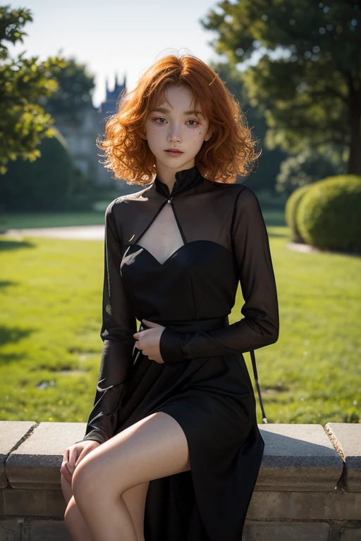 17 year old girl, Lovely, orange hair, very short, Very curly, slim, flat bust, with freckles on the face, with slavic features, with long sleeve black dress, whole body, shows her legs, In the woods.