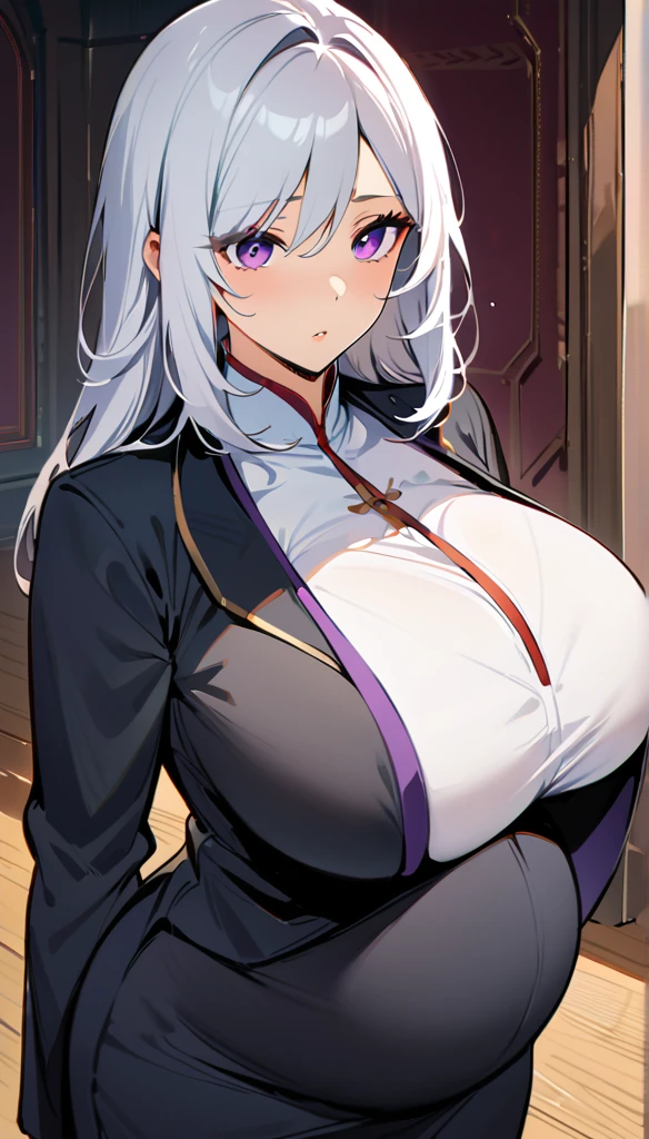 (masterpiece, best quality:1.2), illustration, 8k, HD, 1 girl, solitary, (((white hair, Purple Eyes, Black coat,))) Huge Breasts, Black pants, indoors, (Task:0.5), High, Mature, elegant, Black gloves, Upper Body, From the front, Long hair,pregnant