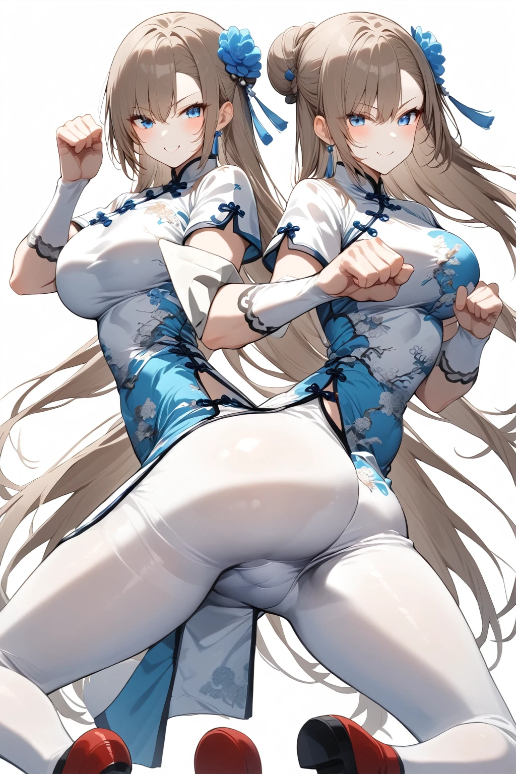 cheongsam,masterpiece,Highest quality,1girl,asuna,solo,blue eyes,Long hair,Halation,Fighting Stance,Smile,ass pov,whole body,shoe,Very long hair,Chinese Kung Fu pose,Tai Chi,White background,
