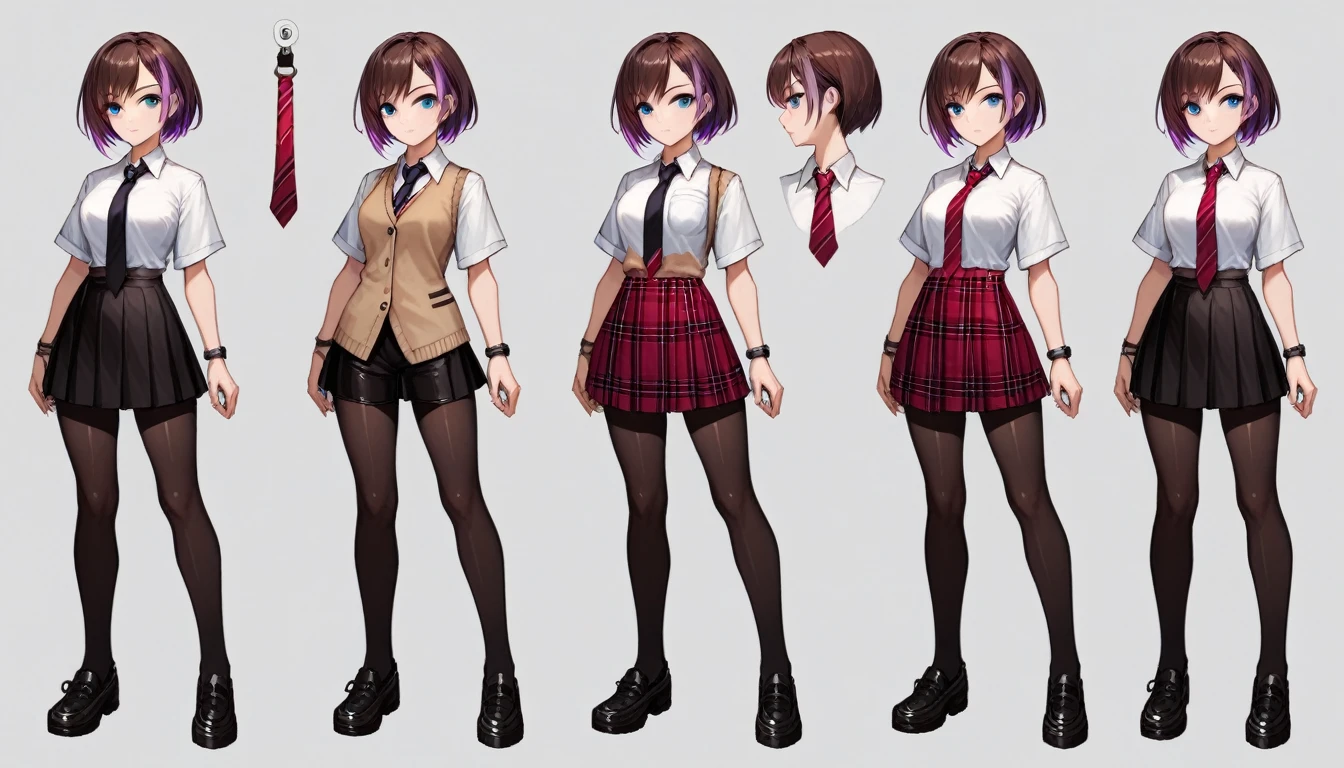 Solo, score_9,score_8_up,score_7_up, source_girl, school girl, teenage female, brown hair, wearing black bike shorts, black spandex shorts, 1.3, necktie, wearing school clothes, school outfit, standing, solo, full body, blue eyes, , plaid skirt, black spandex shorts, (short hair), character design, paper doll sheet, (purple highlights), brown hair,