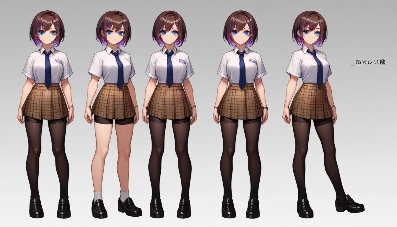 Solo, score_9,score_8_up,score_7_up, source_girl, school girl, teenage female, brown hair, wearing black bike shorts, black spandex shorts, 1.3, necktie, wearing school clothes, school outfit, standing, solo, full body, blue eyes, , plaid skirt, black spandex shorts, (short hair), character design, paper doll sheet, (purple highlights), brown hair,