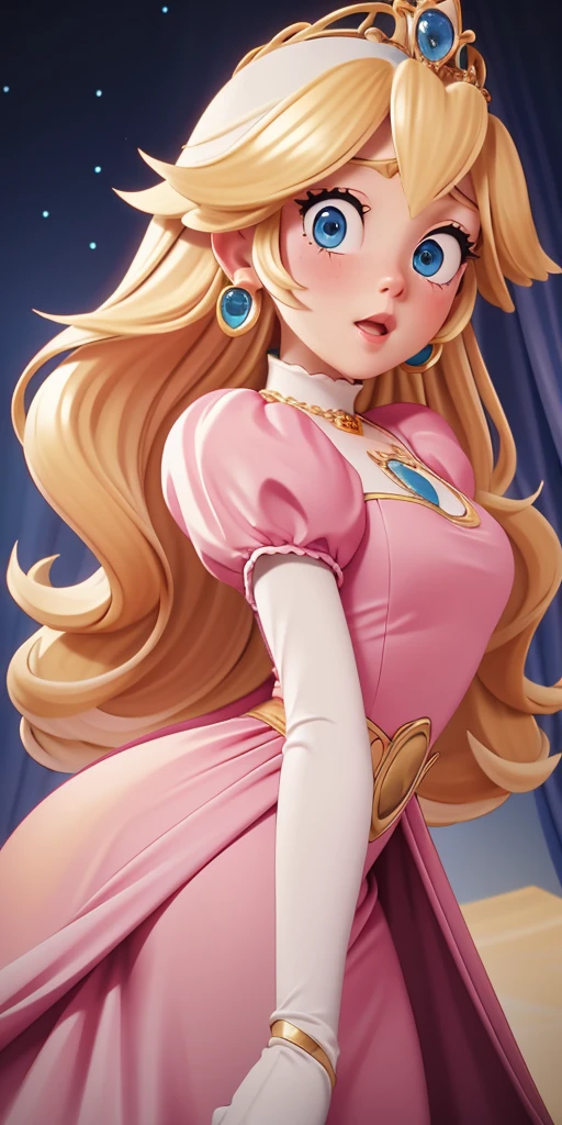 1 girl, by rubio, Blue eyes, arched eyebrows, pink lips, gold tiara with multiple gems, blue teardrop earrings, long sleeve white dress, oval blue pendant with gold edge, white gloves, surprised expression,with my ass wide open