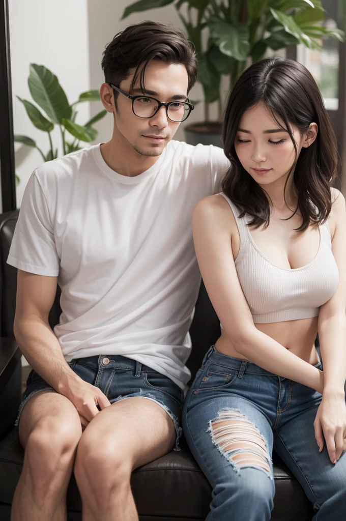 photography of a couple, Indonesian faces. 40 year old man, clean face, short undercut hair, no shirt, wearing brown shorts. 35 year old woman, slightly fat, long blonde hair, wearing a thin white t-shirt, big breasts. woman sitting on man's lap while hugging. garden background