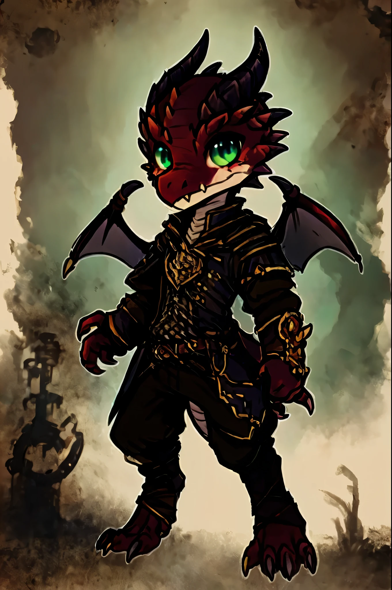 (((kobold,male, solo, winged kobold boy, dark red scales,fantasy clothes, artficer,steampunk, dragon wings, dragon tail, small, chibi))), artficer clothes, warm color clothes, fantay clothes,sea green eyes, artficer,small heigth, 54 centimertes heigth,horns, claws, tail, scales, fangs, masterpiece, cute, (((fullbody))), male