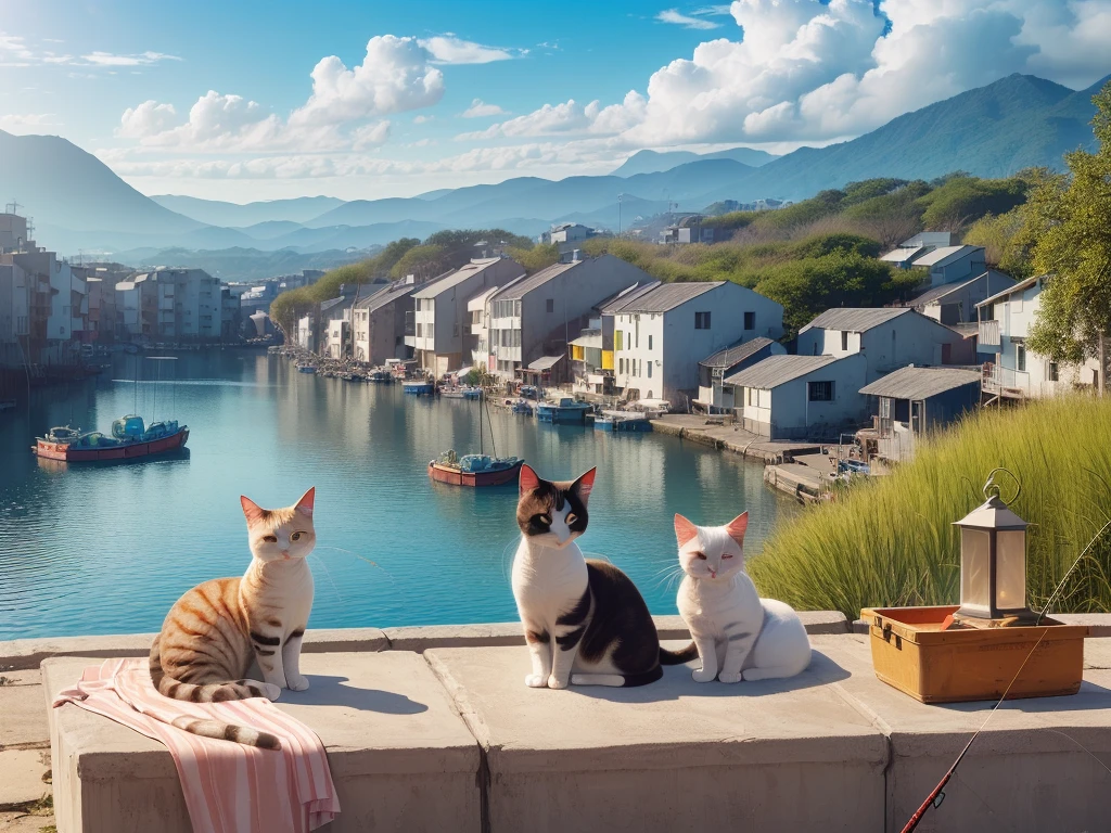 ((最high quality、8k、masterpiece:1.3))、((Realistic:1.6, Sharp focus)), high quality, High resolution, ((7 cats, a lot, Curled up, Yawning, Looking at me, Three-haired cat)), ((Deserted fishing village)), ((Fishing port:1.6)), (You can see the ocean, I can see green mountains in the distance, Clear blue sky, Realistic)