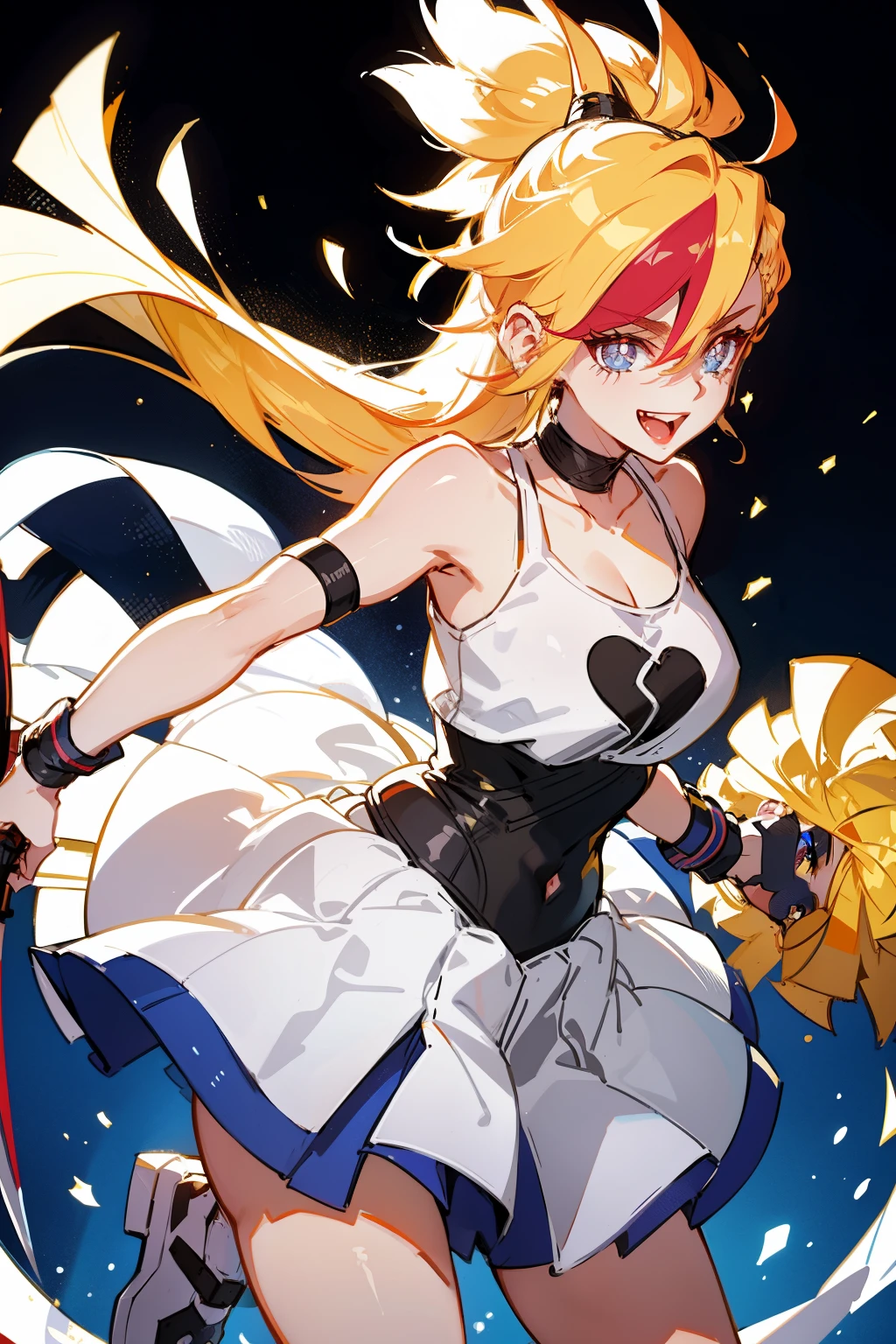 Cheerleader, cute woman, holding down a katana, big smile, expressive, simple nightscape, confident smile, ultra detailed face, better quality, perfect eyes Blue, glowing eyes, long eyelashes, sharp eyes, ultra detailed face, ultra long hair, ultra detailed hair, ultra detailed hair strands, catwalk, walking down the streets, night, starry Sky, ultra detailed lips, Red lips,
