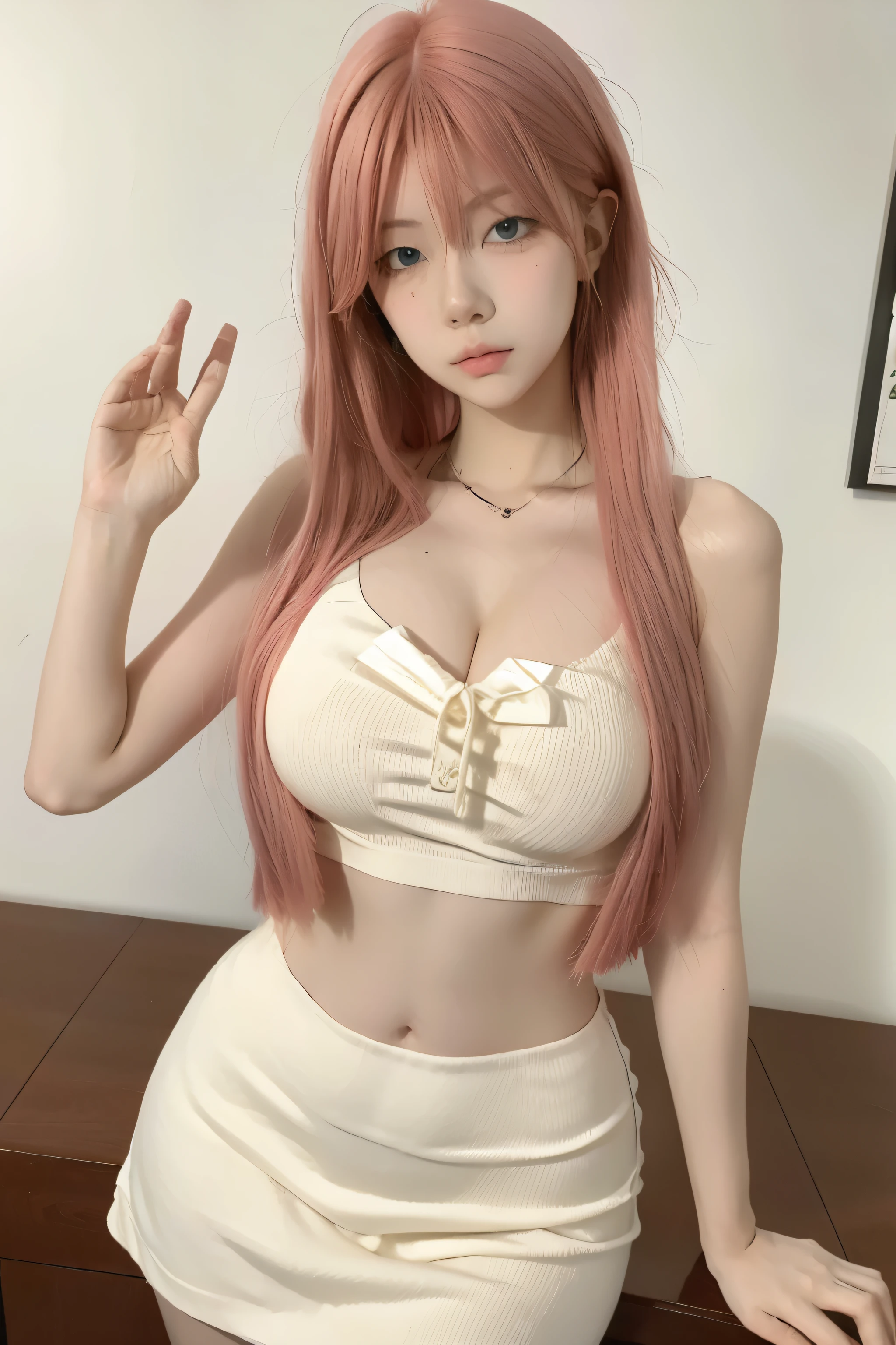 Beautiful woman with perfect body：1.4，Prominent cleavage，Layered Hairstyle，Highly detailed face and skin textures，Double eyelids，Skin Whitening，Long hair，Whitened long legs，（Tube Top，Short skirt），Pink Hair