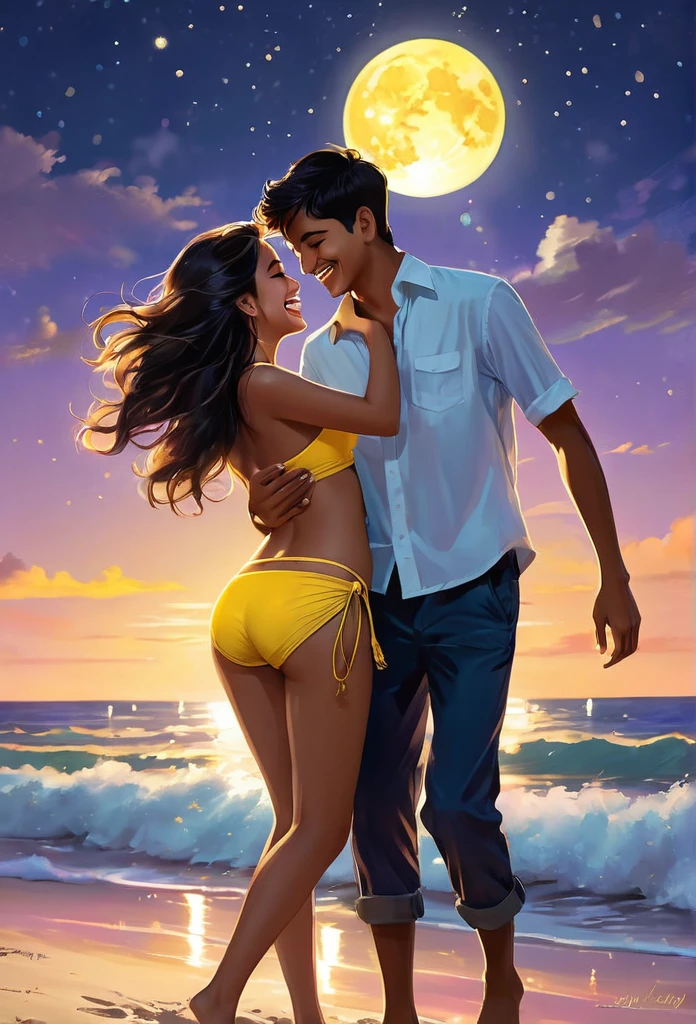 A vibrant and joyful scene unfolding under the moonlit sky at a serene beach. A 20-year-old Indian teen, with a charming smile that lights up his plump cheeks, is captured in a playful embrace with his equally youthful and beautiful girlfriend. He is only wearing a pair of vibrant yellow briefs that stand out against the soft, dark sands, while she is adorned in a stylish yellow bikini that complements the playfulness of the moment. The girlfriend, with her hair dancing in the cool night breeze, has her eyes sparkling with mischief as she giggles, revealing her perfect white teeth. The teen's physique, though larger than the norm, exudes confidence and comfort as he frolics with his partner, showcasing their deep bond and the absence of any self-consciousness. The beach is adorned with a few glowing lanterns and tiki torches that cast a warm, amber light on the couple, adding a romantic and festive touch to the setting. The waves gently kiss the shore in the background, their whispers serving as a soothing soundtrack to their carefree escapade. The night sky is a canvas of twinkling stars that seem to wink at the couple, as if approving of their youthful love. The duo's laughter resonates in the stillness of the night, creating an atmosphere of pure bliss and contentment. Their skin, kissed by the moon's silver glow, shimmers with the excitement of the moment, making it clear that they are living in the present, unbothered by the ticking clock. The image captures the essence of young love, fun, and freedom, all wrapped in the enchanting beauty of a night spent under the open sky.