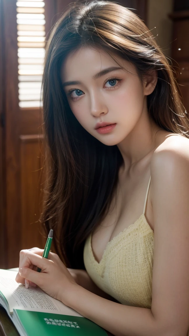 masterpiece), (Very complicated:1.3), (Realistic), One girl, alone, Amazingly beautiful, Perfect Face, Green Eyes, Intricate details, ultra-Realistic, High saturation, Cinematic Light, 35mm photo, Browsing Caution,